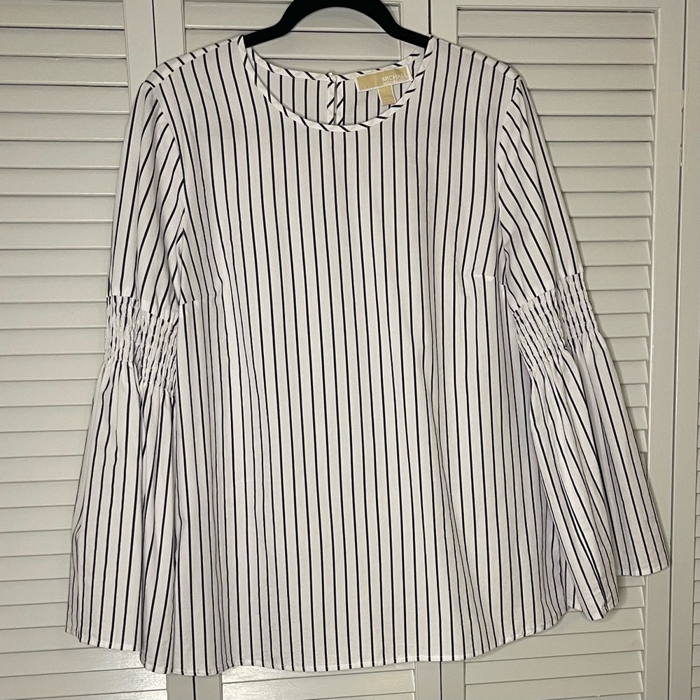 Michael Kors Bell Sleeve Blue and White Striped Blouse - Picture 1 of 5